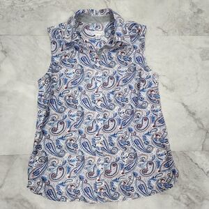 Croft & Barrow Women's Petite Sleeveless Paisley Print Blue Button Blouse SP